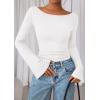 imagePRETTYGARDEN Womens Long Sleeve Shirts 2026 Spring Crop Going Out Tops Casual Boat Neck Bell Sleeve Ribbed Ruched Y2K ClothesWhite