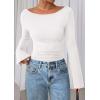 imagePRETTYGARDEN Womens Long Sleeve Shirts 2026 Spring Crop Going Out Tops Casual Boat Neck Bell Sleeve Ribbed Ruched Y2K ClothesWhite