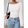imagePRETTYGARDEN Womens Long Sleeve Shirts 2026 Spring Crop Going Out Tops Casual Boat Neck Bell Sleeve Ribbed Ruched Y2K ClothesWhite