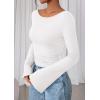 imagePRETTYGARDEN Womens Long Sleeve Shirts 2026 Spring Crop Going Out Tops Casual Boat Neck Bell Sleeve Ribbed Ruched Y2K ClothesWhite