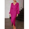 imagePRETTYGARDEN Womens Maxi Satin Dress Puff Sleeve Wrap V Neck Ruched Belted Long Formal Cocktail Dresses Rose RedSmall