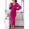 imagePRETTYGARDEN Womens Maxi Satin Dress Puff Sleeve Wrap V Neck Ruched Belted Long Formal Cocktail Dresses Rose RedSmall