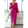 imagePRETTYGARDEN Womens Maxi Satin Dress Puff Sleeve Wrap V Neck Ruched Belted Long Formal Cocktail Dresses Rose RedSmall