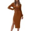 imagePRETTYGARDEN Womens Midi Sweater Dress Long Lantern Sleeve Ruched V Neck Drawstring Side Slit Knit Bodycon Dresses CaramelSmall