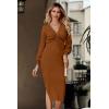 imagePRETTYGARDEN Womens Midi Sweater Dress Long Lantern Sleeve Ruched V Neck Drawstring Side Slit Knit Bodycon Dresses CaramelSmall
