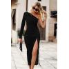 imagePRETTYGARDEN Womens Sexy One Shoulder Long Sleeve Velvet Dress Ruched Bodycon Drawstring Split Maxi Dresses BlackLarge