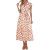 imagePRETTYGARDEN Womens Summer Floral Boho Maxi Dress Short Sleeve Wrap V Neck Ruffle Long Flowy Beach Wedding Guest DressesApricot Red Floral