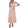 imagePRETTYGARDEN Womens Summer Floral Boho Maxi Dress Short Sleeve Wrap V Neck Ruffle Long Flowy Beach Wedding Guest DressesApricot Red Floral