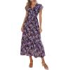 imagePRETTYGARDEN Womens Summer Floral Boho Maxi Dress Short Sleeve Wrap V Neck Ruffle Long Flowy Beach Wedding Guest DressesBlack Purple Floral