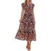 imagePRETTYGARDEN Womens Summer Floral Boho Maxi Dress Short Sleeve Wrap V Neck Ruffle Long Flowy Beach Wedding Guest DressesBlack Red Floral