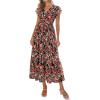 imagePRETTYGARDEN Womens Summer Floral Boho Maxi Dress Short Sleeve Wrap V Neck Ruffle Long Flowy Beach Wedding Guest DressesBlack Red Floral