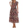 imagePRETTYGARDEN Womens Summer Floral Boho Maxi Dress Short Sleeve Wrap V Neck Ruffle Long Flowy Beach Wedding Guest DressesBlack Red Floral