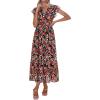 imagePRETTYGARDEN Womens Summer Floral Boho Maxi Dress Short Sleeve Wrap V Neck Ruffle Long Flowy Beach Wedding Guest DressesBlack Red Floral