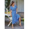 imagePRETTYGARDEN Womens Summer Floral Boho Maxi Dress Short Sleeve Wrap V Neck Ruffle Long Flowy Beach Wedding Guest DressesBlue Floral