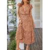imagePRETTYGARDEN Womens Summer Floral Boho Maxi Dress Short Sleeve Wrap V Neck Ruffle Long Flowy Beach Wedding Guest DressesCoffee