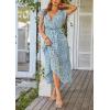 imagePRETTYGARDEN Womens Summer Floral Boho Maxi Dress Short Sleeve Wrap V Neck Ruffle Long Flowy Beach Wedding Guest DressesDark Blue