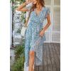 imagePRETTYGARDEN Womens Summer Floral Boho Maxi Dress Short Sleeve Wrap V Neck Ruffle Long Flowy Beach Wedding Guest DressesDark Blue