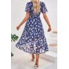 imagePRETTYGARDEN Womens Summer Floral Boho Maxi Dress Short Sleeve Wrap V Neck Ruffle Long Flowy Beach Wedding Guest DressesNavy White Floral