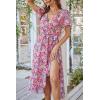 imagePRETTYGARDEN Womens Summer Floral Boho Maxi Dress Short Sleeve Wrap V Neck Ruffle Long Flowy Beach Wedding Guest DressesPink Floral