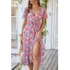 imagePRETTYGARDEN Womens Summer Floral Boho Maxi Dress Short Sleeve Wrap V Neck Ruffle Long Flowy Beach Wedding Guest DressesPink Floral