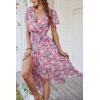 imagePRETTYGARDEN Womens Summer Floral Boho Maxi Dress Short Sleeve Wrap V Neck Ruffle Long Flowy Beach Wedding Guest DressesPink Floral