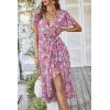 imagePRETTYGARDEN Womens Summer Floral Boho Maxi Dress Short Sleeve Wrap V Neck Ruffle Long Flowy Beach Wedding Guest DressesPink Floral