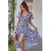 imagePRETTYGARDEN Womens Summer Floral Boho Maxi Dress Short Sleeve Wrap V Neck Ruffle Long Flowy Beach Wedding Guest DressesPurple Floral