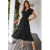 imagePRETTYGARDEN Womens Summer Floral Boho Maxi Dress Short Sleeve Wrap V Neck Ruffle Long Flowy Beach Wedding Guest DressesSolid Black