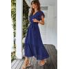 imagePRETTYGARDEN Womens Summer Floral Boho Maxi Dress Short Sleeve Wrap V Neck Ruffle Long Flowy Beach Wedding Guest DressesSolid Blue