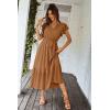 imagePRETTYGARDEN Womens Summer Floral Boho Maxi Dress Short Sleeve Wrap V Neck Ruffle Long Flowy Beach Wedding Guest DressesSolid Brown