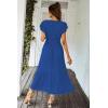 imagePRETTYGARDEN Womens Summer Floral Boho Maxi Dress Short Sleeve Wrap V Neck Ruffle Long Flowy Beach Wedding Guest DressesSolid Dark Blue