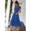 imagePRETTYGARDEN Womens Summer Floral Boho Maxi Dress Short Sleeve Wrap V Neck Ruffle Long Flowy Beach Wedding Guest DressesSolid Dark Blue