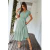 imagePRETTYGARDEN Womens Summer Floral Boho Maxi Dress Short Sleeve Wrap V Neck Ruffle Long Flowy Beach Wedding Guest DressesSolid Green
