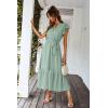 imagePRETTYGARDEN Womens Summer Floral Boho Maxi Dress Short Sleeve Wrap V Neck Ruffle Long Flowy Beach Wedding Guest DressesSolid Green