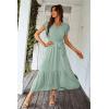 imagePRETTYGARDEN Womens Summer Floral Boho Maxi Dress Short Sleeve Wrap V Neck Ruffle Long Flowy Beach Wedding Guest DressesSolid Green