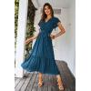 imagePRETTYGARDEN Womens Summer Floral Boho Maxi Dress Short Sleeve Wrap V Neck Ruffle Long Flowy Beach Wedding Guest DressesSolid Lake Blue