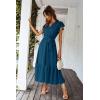 imagePRETTYGARDEN Womens Summer Floral Boho Maxi Dress Short Sleeve Wrap V Neck Ruffle Long Flowy Beach Wedding Guest DressesSolid Lake Blue