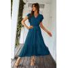 imagePRETTYGARDEN Womens Summer Floral Boho Maxi Dress Short Sleeve Wrap V Neck Ruffle Long Flowy Beach Wedding Guest DressesSolid Lake Blue