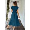 imagePRETTYGARDEN Womens Summer Floral Boho Maxi Dress Short Sleeve Wrap V Neck Ruffle Long Flowy Beach Wedding Guest DressesSolid Lake Blue