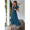 imagePRETTYGARDEN Womens Summer Floral Boho Maxi Dress Short Sleeve Wrap V Neck Ruffle Long Flowy Beach Wedding Guest DressesSolid Lake Blue