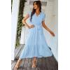 imagePRETTYGARDEN Womens Summer Floral Boho Maxi Dress Short Sleeve Wrap V Neck Ruffle Long Flowy Beach Wedding Guest DressesSolid Light Blue