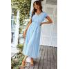 imagePRETTYGARDEN Womens Summer Floral Boho Maxi Dress Short Sleeve Wrap V Neck Ruffle Long Flowy Beach Wedding Guest DressesSolid Light Blue