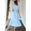 imagePRETTYGARDEN Womens Summer Floral Boho Maxi Dress Short Sleeve Wrap V Neck Ruffle Long Flowy Beach Wedding Guest DressesSolid Light Blue