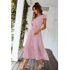 imagePRETTYGARDEN Womens Summer Floral Boho Maxi Dress Short Sleeve Wrap V Neck Ruffle Long Flowy Beach Wedding Guest DressesSolid Pink