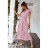 imagePRETTYGARDEN Womens Summer Floral Boho Maxi Dress Short Sleeve Wrap V Neck Ruffle Long Flowy Beach Wedding Guest DressesSolid Pink