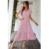 imagePRETTYGARDEN Womens Summer Floral Boho Maxi Dress Short Sleeve Wrap V Neck Ruffle Long Flowy Beach Wedding Guest DressesSolid Pink