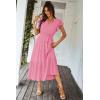 imagePRETTYGARDEN Womens Summer Floral Boho Maxi Dress Short Sleeve Wrap V Neck Ruffle Long Flowy Beach Wedding Guest DressesSolid Rose Pink