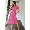 imagePRETTYGARDEN Womens Summer Floral Boho Maxi Dress Short Sleeve Wrap V Neck Ruffle Long Flowy Beach Wedding Guest DressesSolid Rose Red