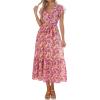 imagePRETTYGARDEN Womens Summer Floral Boho Maxi Dress Short Sleeve Wrap V Neck Ruffle Long Flowy Beach Wedding Guest DressesWine Red Floral