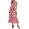 imagePRETTYGARDEN Womens Summer Floral Boho Maxi Dress Short Sleeve Wrap V Neck Ruffle Long Flowy Beach Wedding Guest DressesWine Red Floral